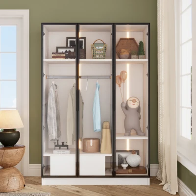 Armoire Penderie Spacieuse avec 3 Portes en Verre, Blanc