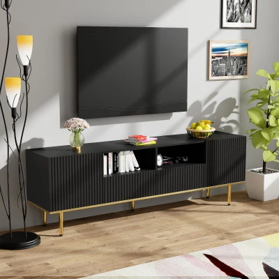 Meuble TV Mobile Moderne avec Détails Dorés, Noir