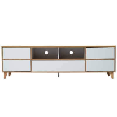 TV-Schrank im Landhausstil, mit Fächern und Türen für stilvolle Wohnzimmer-Einrichtung, Weiß und Holzfarben,