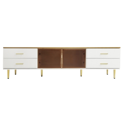 TV-Schrank in Marmoroptik mit LED-Beleuchtung, 4 Schubladen und 2 Türen aus gehärtetem Glas, vergoldete Griffe, Modernes Design für Wohnzimmer, Weiß und Gold