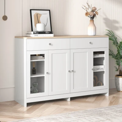 Sideboard Landhausstil 120x80 cm, 4 Türen, 2 Schubladen, Glaseinsatz für Wohnzimmer & Esszimmer, Weiß Holzfarbe