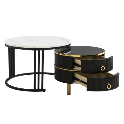 2-in-1 Couchtisch-Set mit Marmormuster und Hochglanz, runde Tische mit Schubladen, MDF und Metallbeine, Weiß+Schwarz