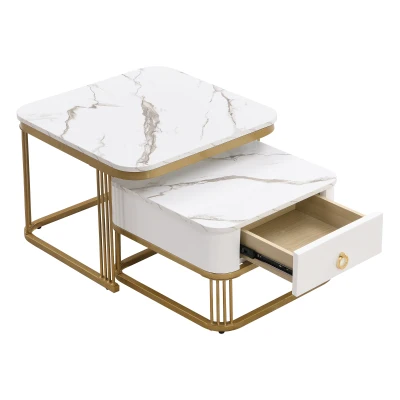 Ensemble de Tables Basses Gigognes en Marbre Poli avec Détails Dorés et Tiroirs, Blanc