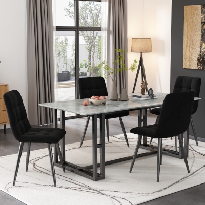 Set of 4 Ergonomic Velvet Dining Chairs with Upholstered Seat and Metal Frame, Black