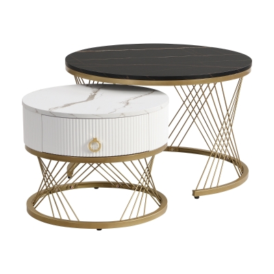 Ensemble de 2 Tables Basses Gigognes Modernes Modulaires en Marbre Synthétique avec Détails Dorés et Tiroirs, Noir
