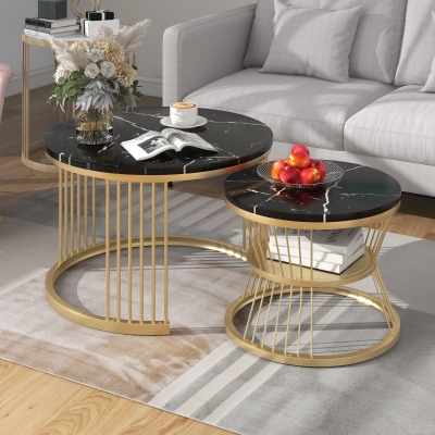 Ensemble de 2 Tables Basses Modernes Gigognes en MDF avec Finition Effet Marbre et Structure Métallique Dorée, Noir