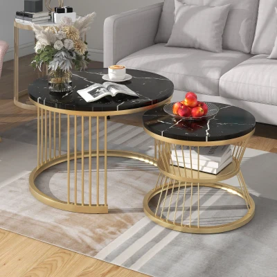 Ensemble de 2 Tables Basses Modernes Gigognes en MDF avec Finition Effet Marbre et Structure Métallique Dorée, Noir