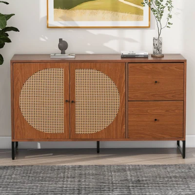 Buffet Moderne avec 2 Portes Décorées en Rotin et 2 Tiroirs, Noyer
