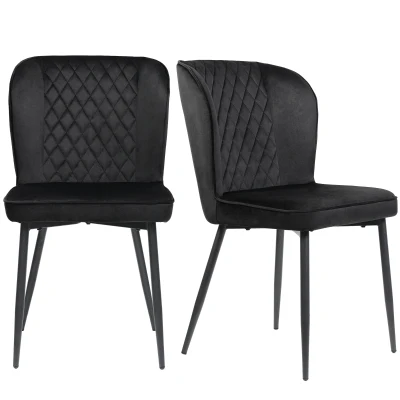 Set of 2 Velvet Black Dining Chairs with Metal Legs and Wing Back, Black