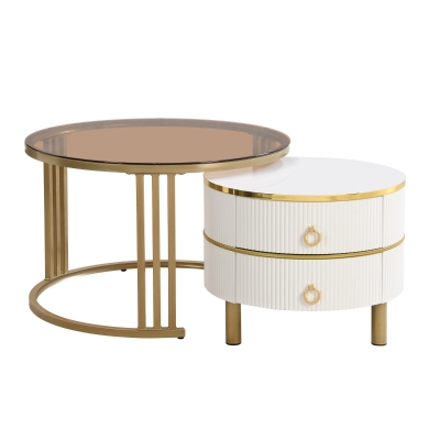 Couchtisch rund set, 70x70 cm & 50x50 cm, Runder Tisch mit Schubladen, Weiss + Braun