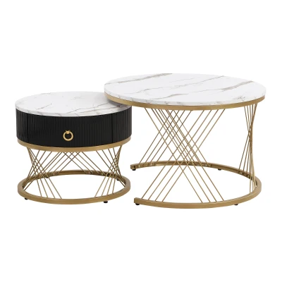 Eleganter Couchtisch im 2er-Set: Marmoroptik, Golddekor, Beistelltisch mit Schubladen, weiß