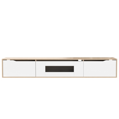 Hochglanz-TV-Schrank mit LED-Beleuchtung, Weiß und Holz, 4 Lichtmodi, Wandmontage möglich, Weiß und Holzfarbe