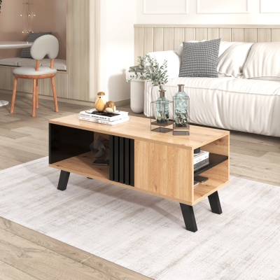 Eleganter Couchtisch mit Schubladen und vielseitigen Aufbewahrungsmöglichkeiten, Schwarz + Holz