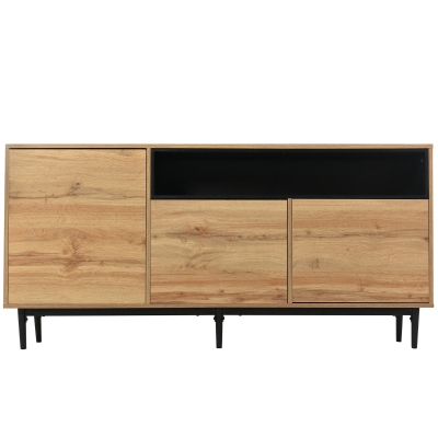 Moderner Holz-Sideboard mit drei Türen und verstellbaren Regalen, einfache Montage, platzsparend und robust, Schwarze+Holzfarbe