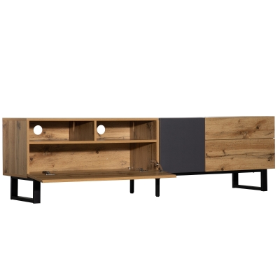 Moderner TV-Schrank mit Hochglanzoberfläche und Colorblocking-Design, Holzfarbe