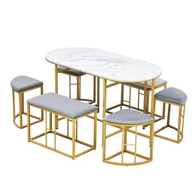 Modern Dining Table and Chairs Set with 4 Small Stools and 2 Large Stools, Gold