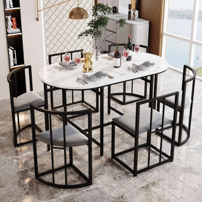 Modern Rattan 6 Seater Garden Dining Table Set with Backrest Chairs and Cushions, Black