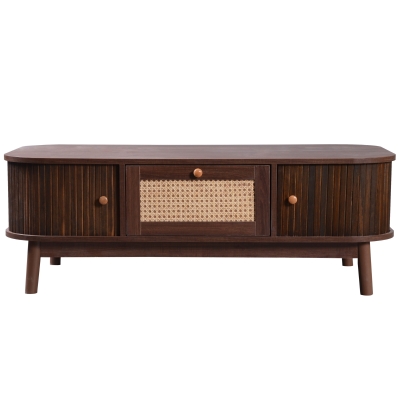 Couchtisch aus Rattan mit Massivholzbeinen, Schubladen und Schiebetüren im natürlichen Landhausstil, Holzfarbe und hellgelb