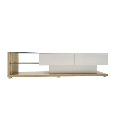 TV-Schrank Hochglanz mit LED-Beleuchtung und Glasböden, Modernes Design im Landhausstil, Weiß