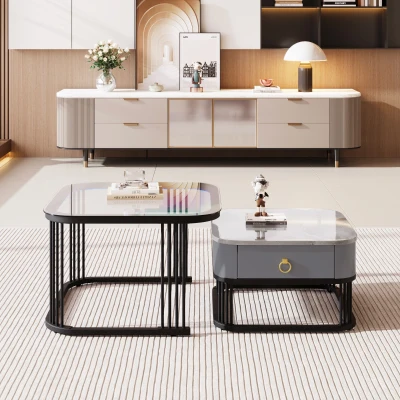 Ensemble de 2 Tables Basses Gigognes avec Plateau en Marbre Brillant et Verre, Noir