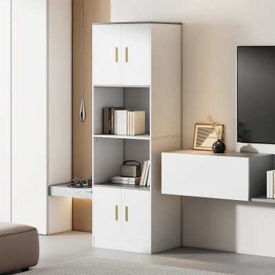 Crédence Moderne avec 4 Portes et Compartiment Ouvert Central, Blanc