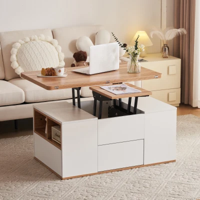 Table Basse Relevable Multifonction avec Double Plateau Amovible, Blanc