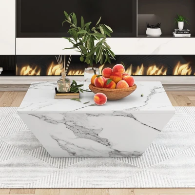 Table Basse Moderne Trapézoïdale en MDF avec Finition Marbre, Blanc