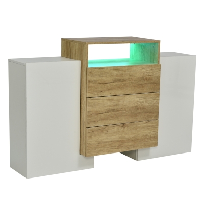 Sideboard und mit LED-Beleuchtung, Modernes Design und Viel Stauraum, Weiß + Holzfarbe