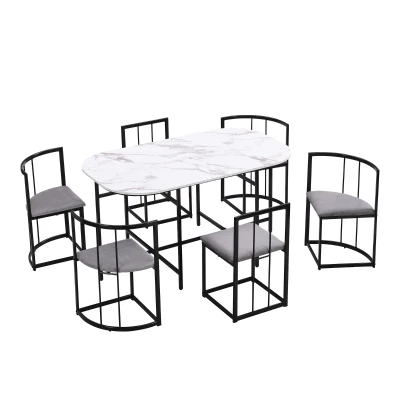 Modern Rattan 6 Seater Garden Dining Table Set with Backrest Chairs and Cushions, Black