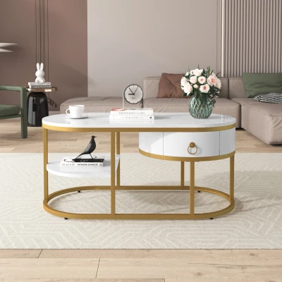 Table Basse Moderne Ovale en Marbre avec Structure en Fer Doré, Blanc