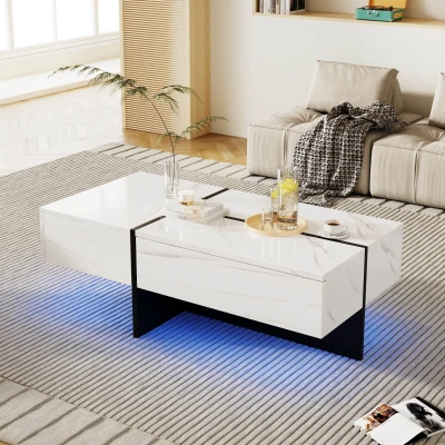 Couchtisch Hochglänzender Marmorimitat mit LED App-Steuerung 3 Schubladen 100cm für Wohnzimmer Schwarz Weiß
