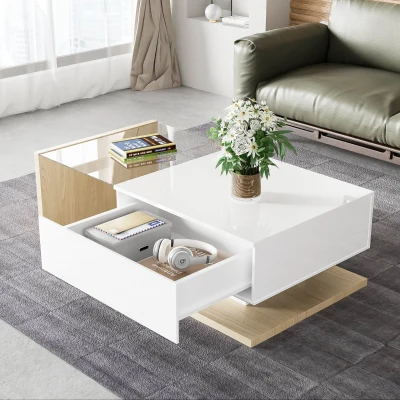 Table Basse Moderne en Bois avec Verre et LED, Naturel