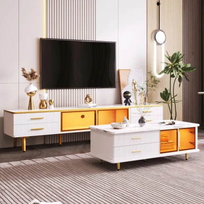 Table basse moderne avec plateau effet marbre et porte en verre trempé, Blanc