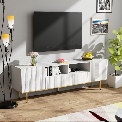 Modern Fernsehschrank 165 cm Weiss mit goldenen Verzierungen, TV-Schrank Weiss