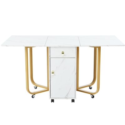 Folding Extendable Dining Table with Cupboard and 2 Drawers, White/Gold