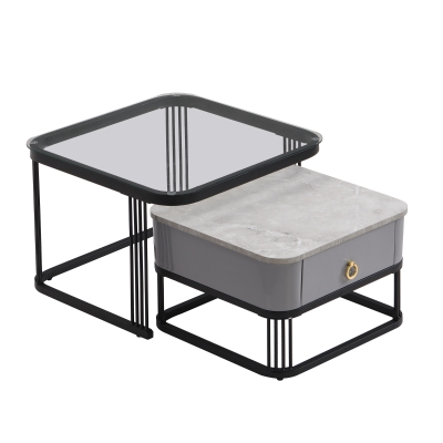 Ensemble de 2 Tables Basses Gigognes avec Plateau en Marbre Brillant et Verre, Noir