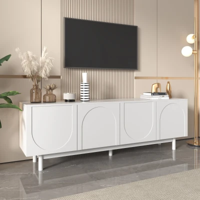 TV-Schrank TV-Lowboard 175 cm mit Push-to-Open Struktur-Türen und verstellbaren Trennwänden für Wohnzimmer Weiß