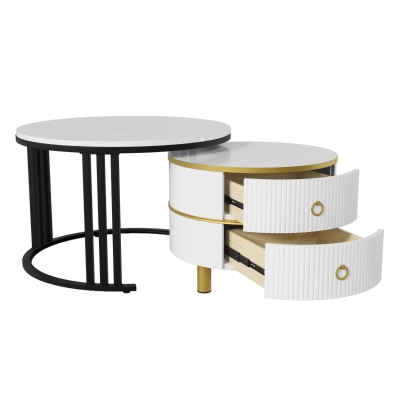 Runder Couchtisch 2-in-1 Design mit Schubladen für Wohnzimmer, Modernes Furniture, Weiß und Schwarz