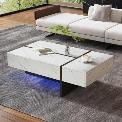 Table basse moderne relevable avec éclairage LED intégré, Blanc