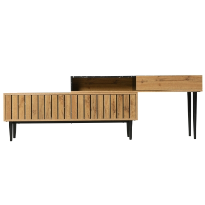 Moderner TV-Ständer mit Marmor- und Holzmaserungsdesign, PVC-Kante und stabilen Eisenbeinen, Holzfarbe