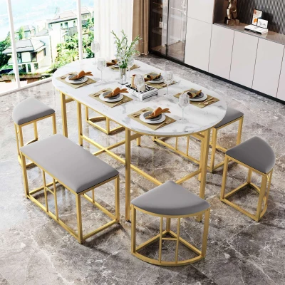 Modern Dining Table and Chairs Set with 4 Small Stools and 2 Large Stools, Gold
