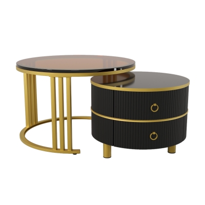 2-in-1 Couchtisch-Set mit Hochglanz- und Glasplatte, MDF und Metallbeine, inkl. 2 Schubladen, Schwarz