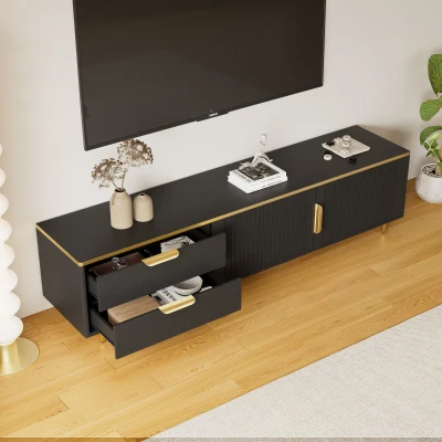 Meuble TV Bas Scandinave avec Texture Sculptée, Noir