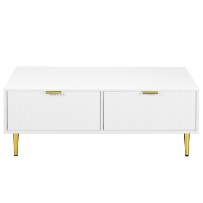 Table basse moderne avec 2 tiroirs et design à rayures verticales, Blanc+Or