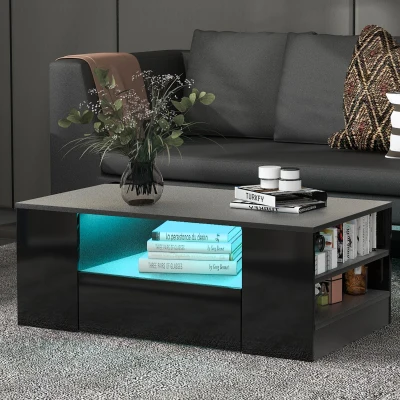 Table basse moderne avec 2 tiroirs et 2 étagères, Noir
