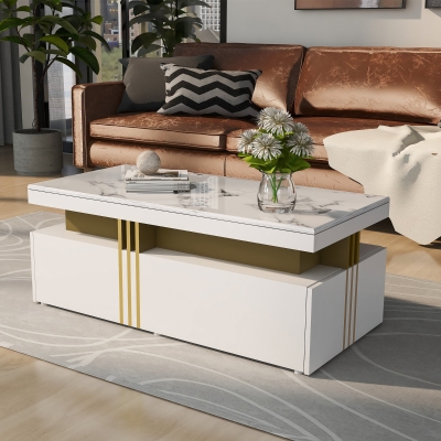 Table Basse de Salon Moderne Rectangulaire avec Plateau en PVC Effet Marbre et 2 Tiroirs, Blanc