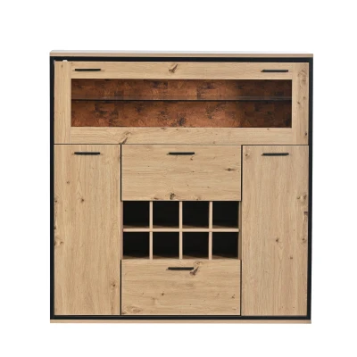 Anrichte Weinschrank 110x38x111 cm mit Glasregal und LED-Beleuchtung, Stilvolle Aufbewahrung für Party und Familienzusammenkünfte in Holzfarbe und Schwarz
