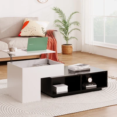 Table Basse avec Fonction de Levage, Réglable en Hauteur avec Étagères Cachées, Noir