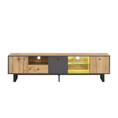 Lowboard TV-Schrank mit LED-Beleuchtung, Glastrennwänden und Pufferscharnieren im modernen Design, Holzfarbe