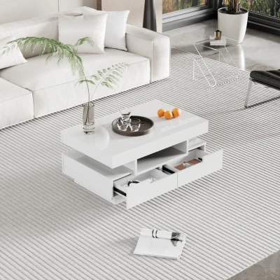 Salontafel hoogglans met dimbare LED-verlichting, 4 ruime lades en 3 open vakken, van spaanplaat met luxe modern design, 80x50x36 cm, wit